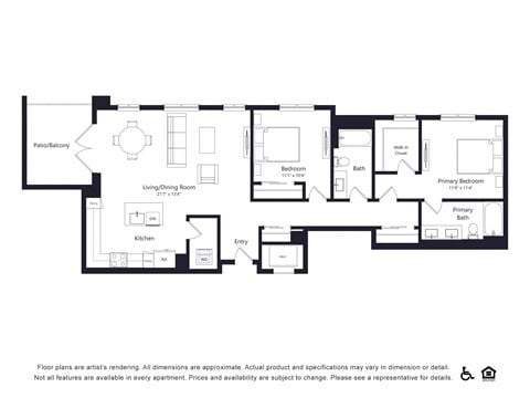 Floor plan for 2 beds, 2 baths, 1290 sqft
